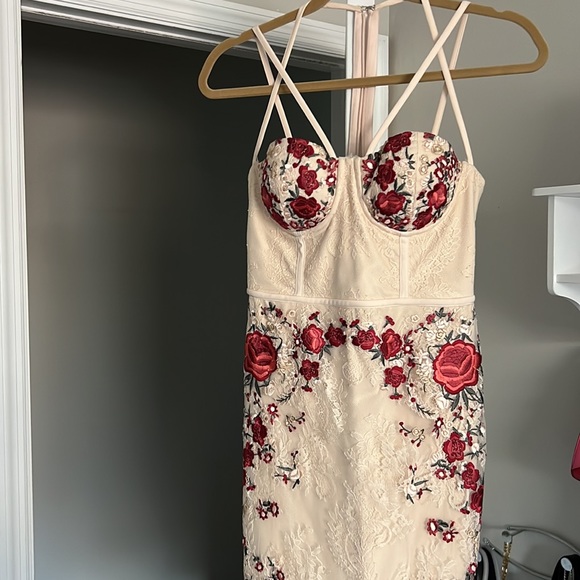 bebe Floral Embroidered Midi Dress - Red and Cream - Picture 6 of 12
